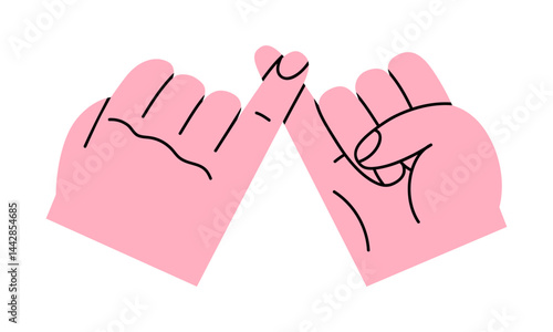Hand drawn cute cartoon illustration two hands little finger crossing. Flat vector pinky promise doodle style. Friendship icon. Love romantic couple print. Swear or oath gesture. Isolated.