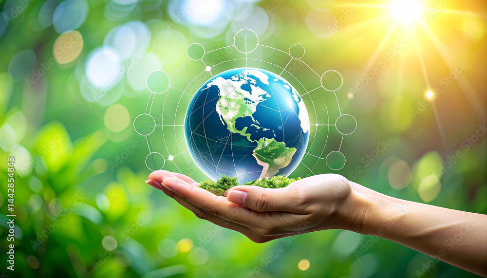 Environmentally conscious hands holding Earth globe for sustainability and ecological growth concept Environmentally conscious hands holding Earth globe for sustainability and ecological growth concept