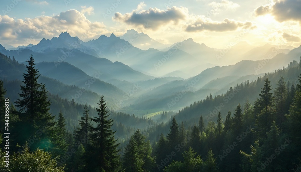 Fototapeta premium Majestic Mountain Vista: An awe-inspiring panorama unfolds, revealing layers of rolling mountain ranges enveloped in a soft, ethereal mist.