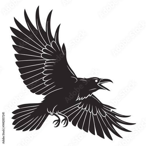 Vector silhouette of a single crow mid-caw spread wings