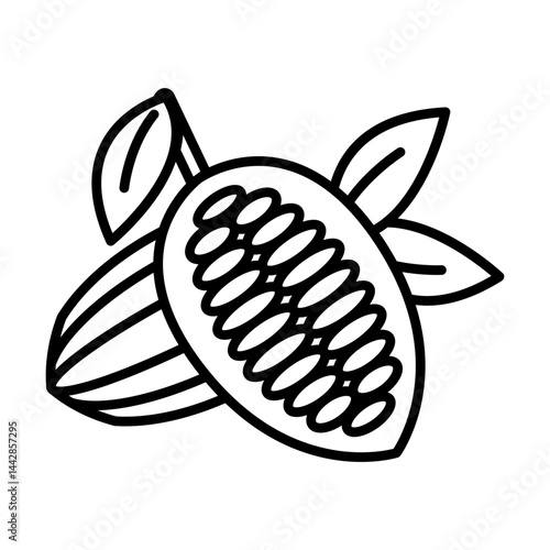 Peeled cocoa icon PNG with leaf and cocoa beans on transparent background