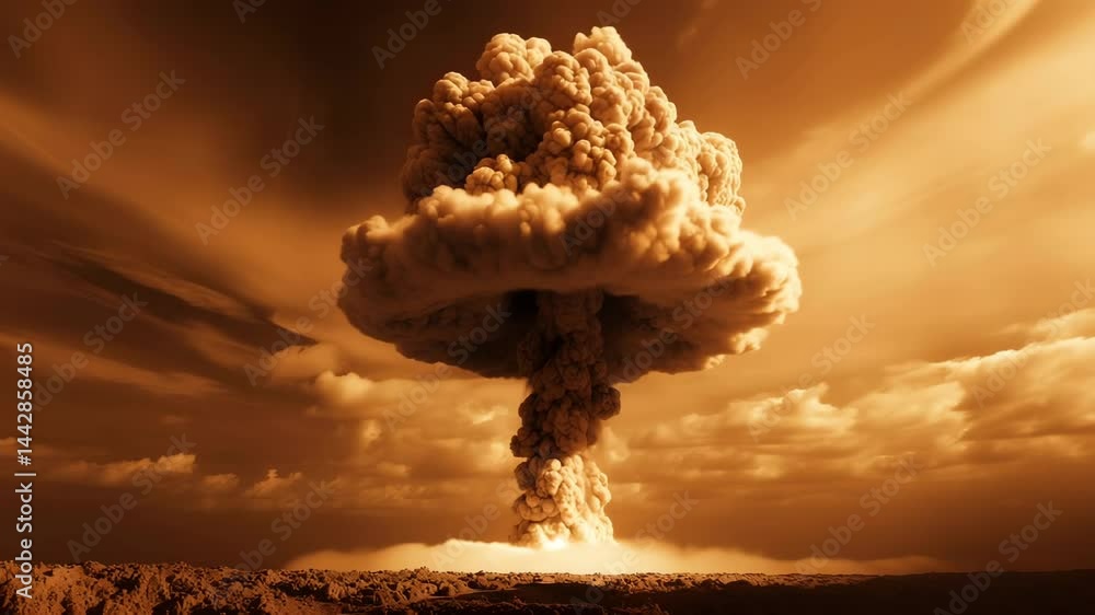Dramatic mushroom nuke cloud rises into the sky with powerful explosion in slow motion on desolate landscape.