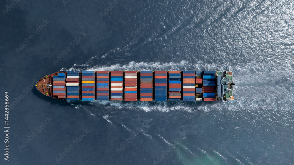 Aerial view container ship cargo freight shipping international, Global business freight shipping import export logistic transportation container ship, Container ship cargo sea freight container ship.