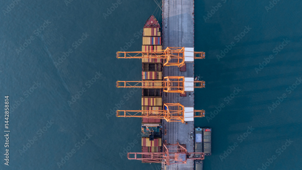Aerial view container ship cargo freight shipping international, Global business freight shipping import export logistic transportation container ship, Container ship cargo sea freight container ship.