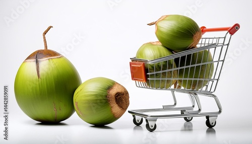 a shopping cart of fresh green Coconut fruit on a white background isolated