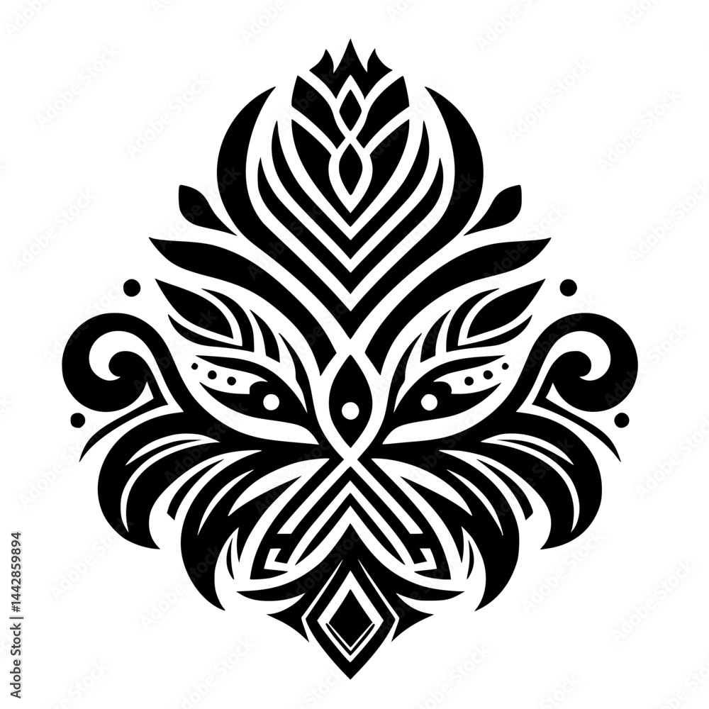 Obraz premium Stylized Symmetrical Black & White Graphic Ornament - Abstract Pattern Design