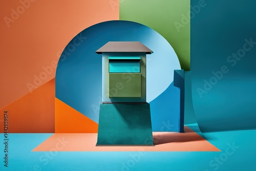 Colorful modern mailbox with geometric backdrop in a vibrant indoor setting showcasing contemporary design elements