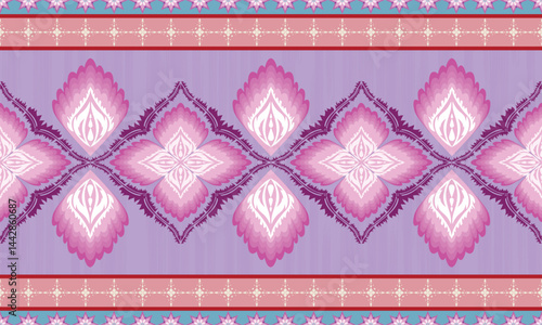 The blue border carpet pattern has a row of floral patterns in a row and in the middle of the pink there are beautiful flowers arranged in an orderly manner. Fabric patterns, vectors, purple