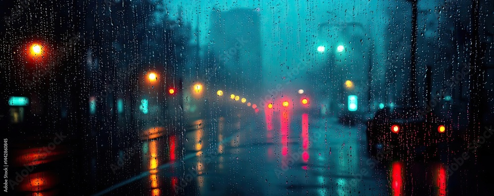 Fototapeta premium Raindrop on a window merging city atmosphere and rain pattern concept. A vibrant city scene illuminated by colorful lights in the rain.