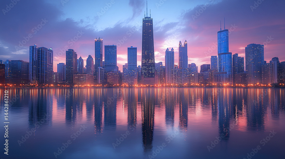 Fototapeta premium stunning skyline dusk with reflections water, showcasing modern architecture and vibrant colors