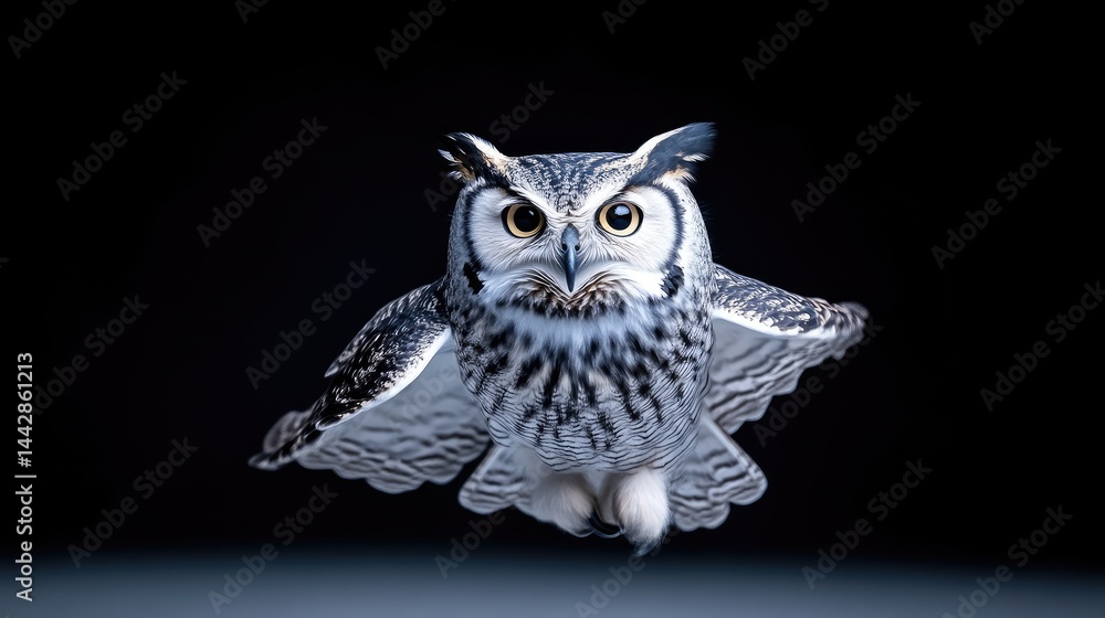 Great Horned Owl in flight, sharp detail, dramatic dark style, high resolution macro, frontal close-up view, intense gaze, black background, cool muted tones, perfect for wildlife posters Great Horned Owl in flight, sharp detail, dramatic dark style, high resolution macro, frontal close-up view, intense gaze, black background, cool muted tones, perfect for wildlife posters