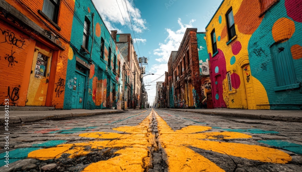 Fototapeta premium Colorful city street with murals