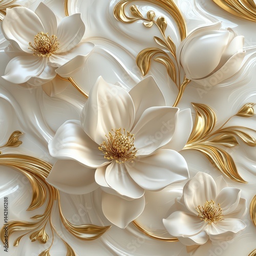 Elegant White Flowers on Decorative Golden Background Design