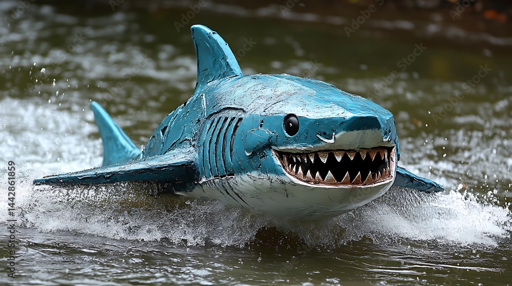 Fototapeta premium Shark sculpture glides through water, playful aquatic exhibit