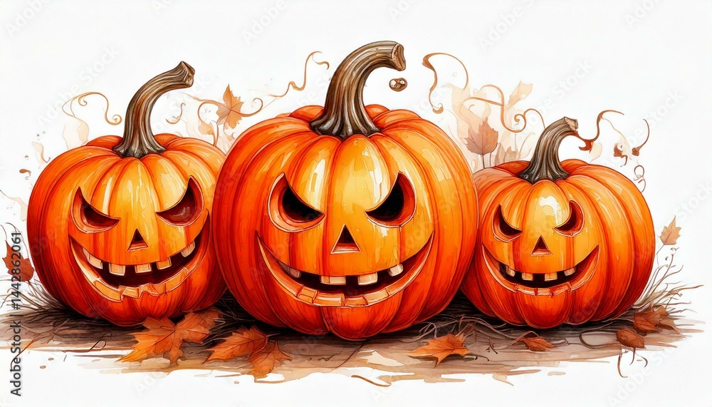 A set of pumpkins for Halloween, hand-painted in watercolor. An illustration for the design . A set of pumpkins for Halloween, hand-painted in watercolor. An illustration for the design .