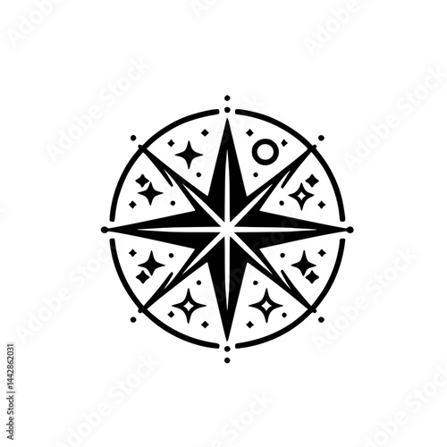 Minimalist Black and White Compass Star Emblem Illustration - Symbol of Navigation and Destiny