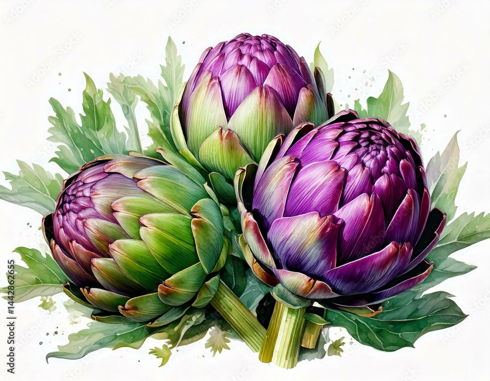 Fototapeta premium Artichokes green and purple watercolor illustration isolated on white transparent background.