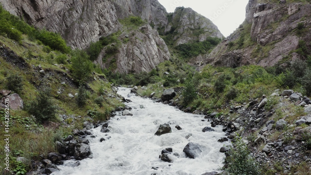 A fast mountain river in a lowland in a mountain valley between sheer cliffs overgrown with dense vegetation, in the light of day A fast mountain river in a lowland in a mountain valley between sheer cliffs overgrown with dense vegetation, in the light of day