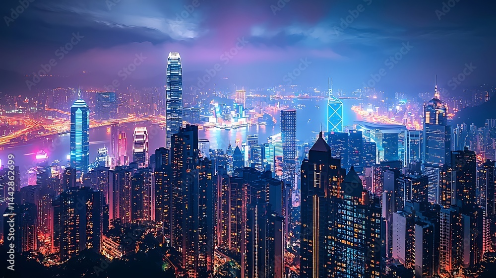 Fototapeta premium Futuristic skyline reflection cityscape lights high resolution picture