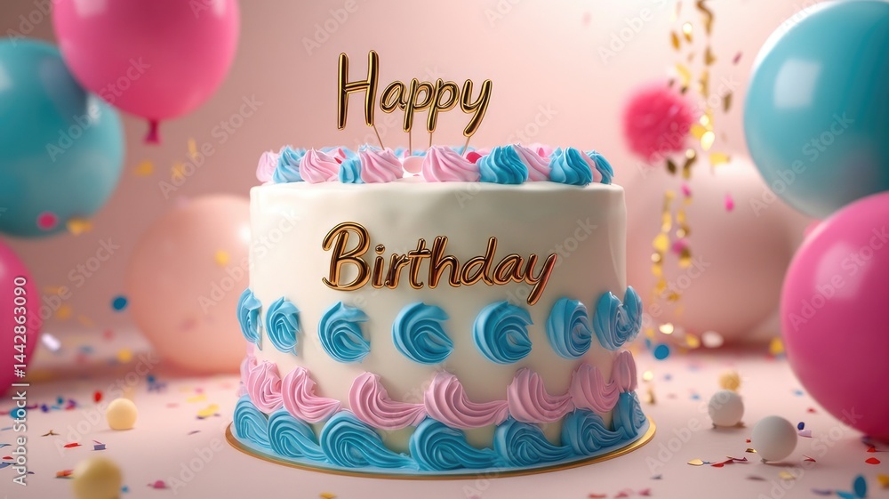 Festive Birthday Cake with Colorful Frosting and Party Balloons, A pink and blue birthday cake, with heart-shaped decorations, and the words Festive Birthday Cake with Colorful Frosting and Party Balloons, A pink and blue birthday cake, with heart-shaped decorations, and the words