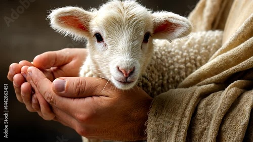 Gentle hands hold a lamb.  A small, fluffy lamb is cradled in loving hands.  Soft, warm colors