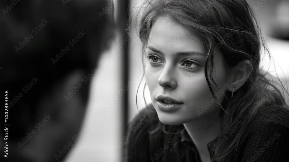 Young woman speaking to someone on a black and white video, expressing emotion through her gesture and gaze. Young woman speaking to someone on a black and white video, expressing emotion through her gesture and gaze.