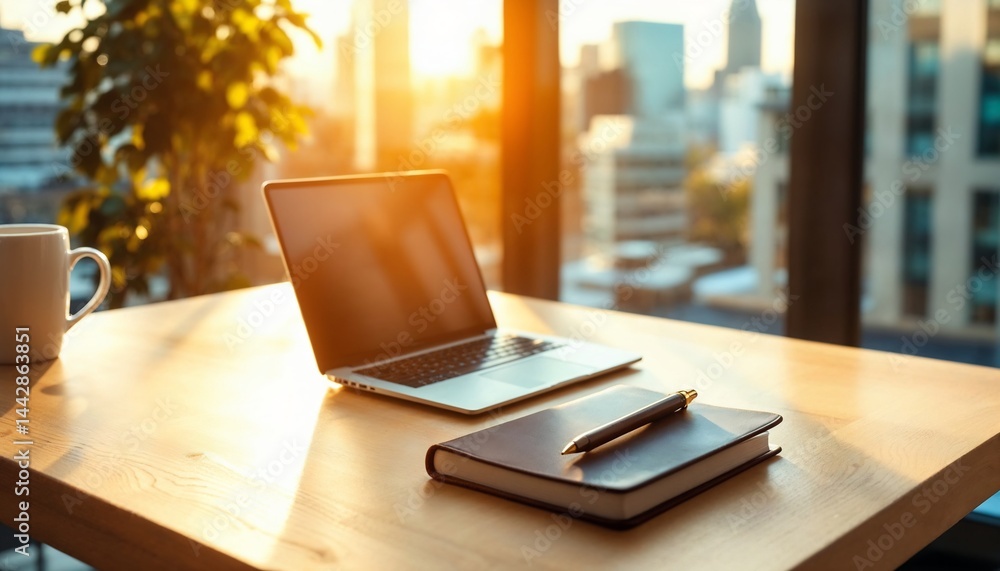 Fototapeta premium Morning Office Desk: A laptop sits open on a wooden desk beside a coffee mug and notebook. Cityscape visible through window as the golden sun shines. A tranquil workspace. 