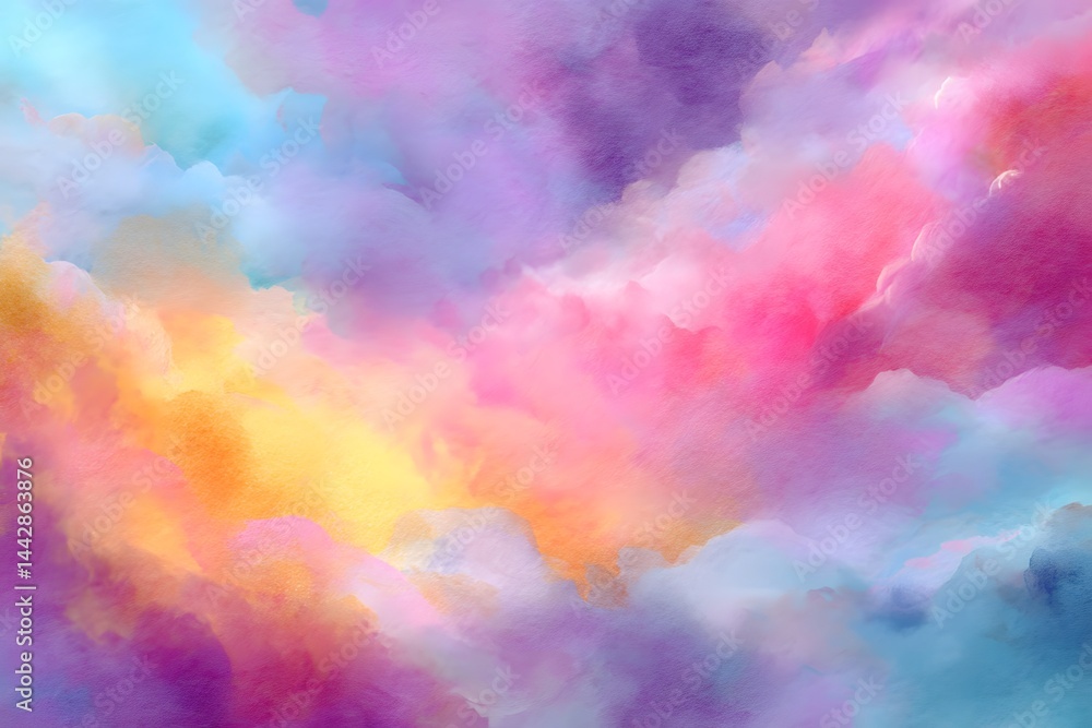 Airy Abstract Watercolor Cloud Background with Soft Pastel Hues in Shades of Pink, Blue, and Yellow Airy Abstract Watercolor Cloud Background with Soft Pastel Hues in Shades of Pink, Blue, and Yellow