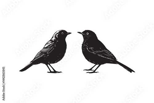 Bird Silhouette Vector Illustration Pair of Songbirds Facing Each Other