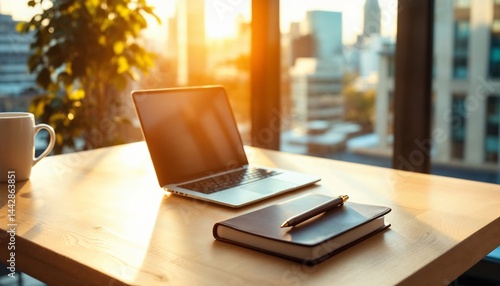 Wallpaper Mural Morning Office Desk: A laptop sits open on a wooden desk beside a coffee mug and notebook. Cityscape visible through window as the golden sun shines. A tranquil workspace.  Torontodigital.ca