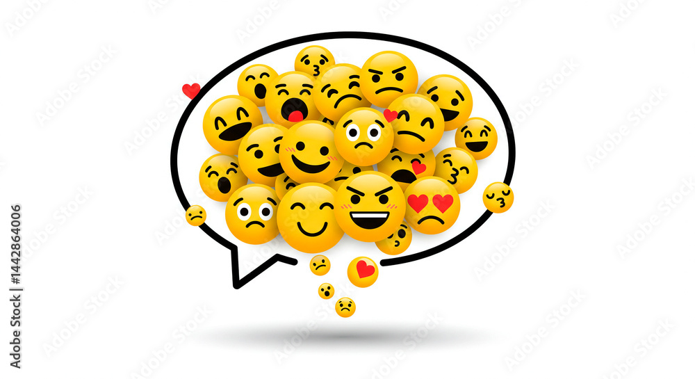 A variety of yellow face expressions are enclosed in a black speech bubble, representing different emotions and communications. A variety of yellow face expressions are enclosed in a black speech bubble, representing different emotions and communications.