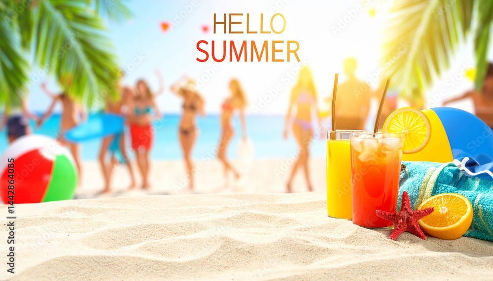 Tropical beach scene with drinks, palm trees and vibrant summer vibes in perfect holiday setting Tropical beach scene with drinks, palm trees and vibrant summer vibes in perfect holiday setting