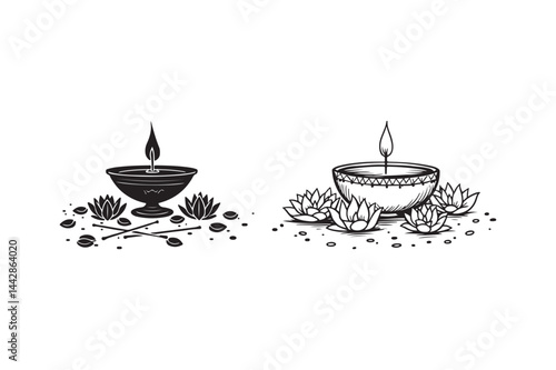 Traditional Diya Lamp Illustration with Lotus Flowers Black and White Vector Art