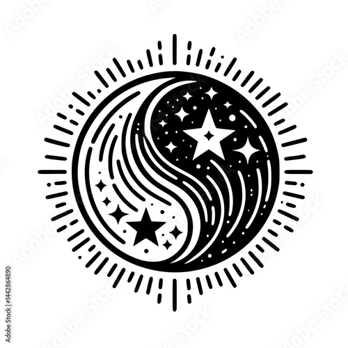 Cosmic Yin Yang Balance - Black and White Illustration with Stars and Radiating Lines, Duality and Celestial Harmony Graphic
