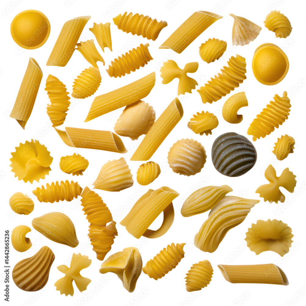 Diverse Collection of Uncooked Pasta Shapes for Culinary Creations, isolated on transparent background.