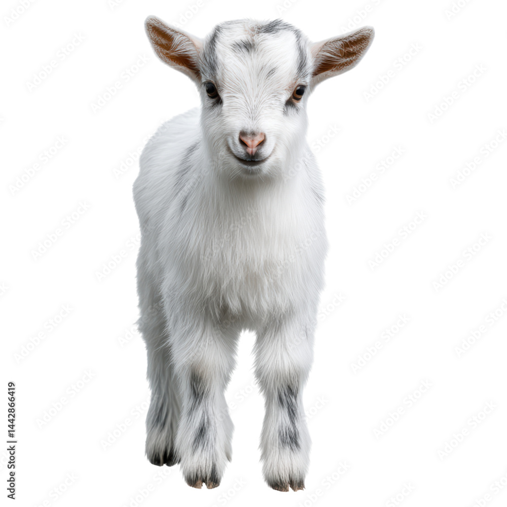 Close-Up of a Cute Young Goat with Fluffy White Fur and Bright Eyes, isolated on transparent background. Close-Up of a Cute Young Goat with Fluffy White Fur and Bright Eyes, isolated on transparent background.