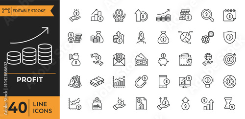 Financial profit line icon set. Containing Money income, money savings, earnings, money, cash, investment, financial growth and more. Editable stroke. Vector illustration