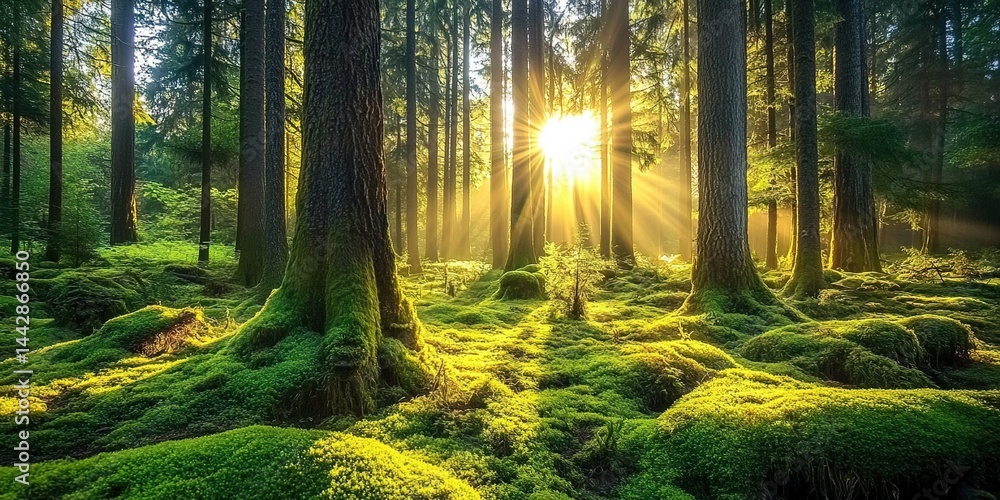 Obraz premium Serene forest with tall trees, sunbeams through foliage, and moss-covered ground.