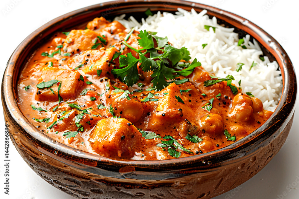 Delicious Chana Masala Curry with Rice in a Brown Bowl Delicious Chana Masala Curry with Rice in a Brown Bowl