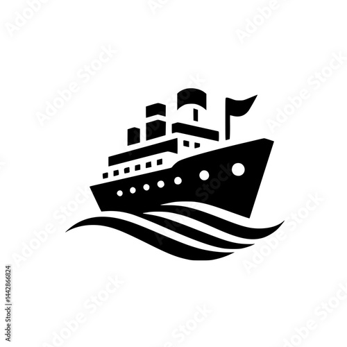 Black and White Cruise Ship Icon on Waves - Minimalist Graphic Voyage Symbol
