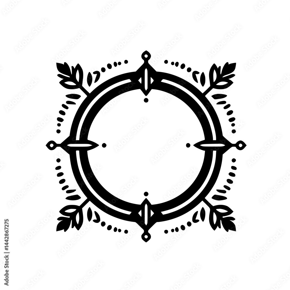 Fototapeta premium Black and White Decorative Circular Frame Illustration with Floral and Geometric Elements
