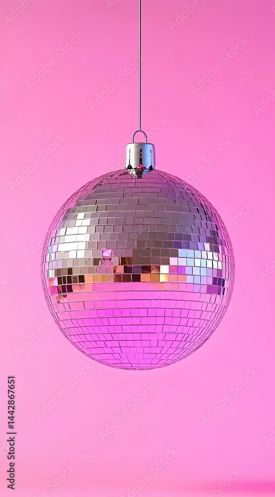 Obraz premium Mirrored disco ball hanging against a pink background.