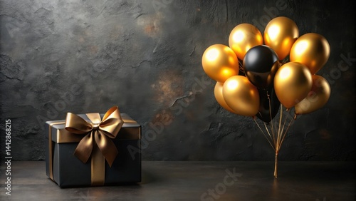 Elegant black gift box with gold ribbon and a cluster of gold and black balloons against a dark textured background.