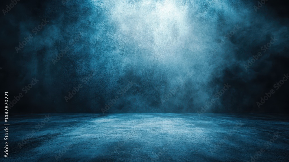 Mysterious blue foggy interior with concrete floor and dramatic lighting Mysterious blue foggy interior with concrete floor and dramatic lighting