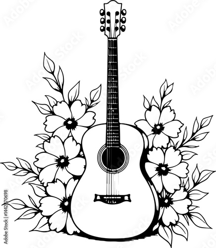 Floral, Electric guitar, Guitar, Flowers, Leaves,  Illustration, Graphic, Design, Digital art bundle