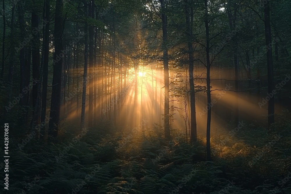 Naklejka premium Early morning sunlight streaming through a dense summer forest, creating ethereal rays and golden highlights on lush green trees and ferns.