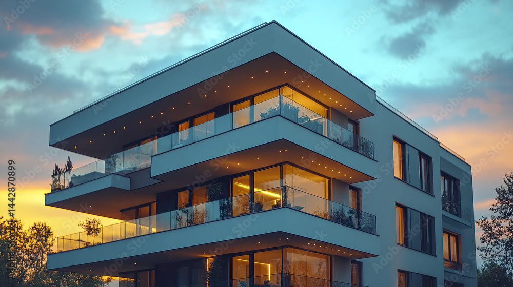 Obraz premium Modern apartment building with large windows and balconies at sunset, showcasing warm lighting