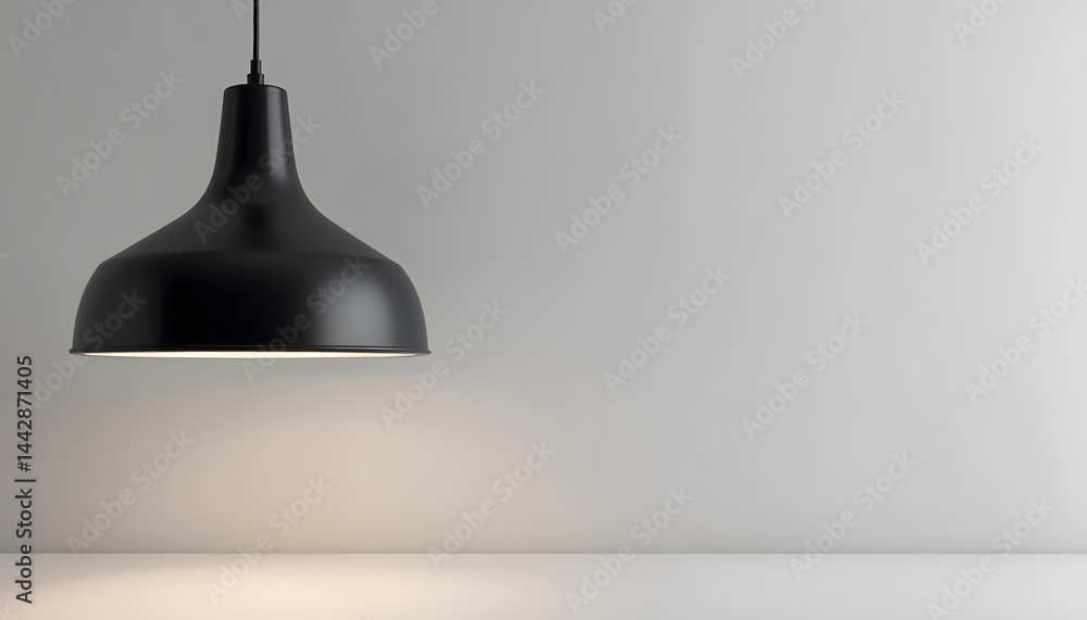 Obraz premium Matte Black Cone Pendant Lamp on Gray Wall with Ample Space