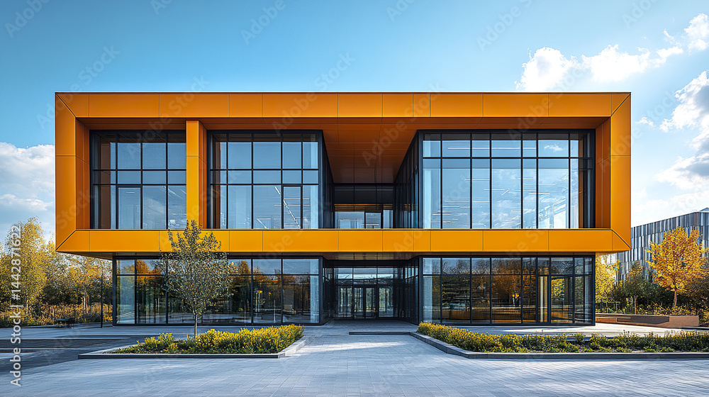 Modern office building with bright orange facade and large glass windows, showcasing Modern office building with bright orange facade and large glass windows, showcasing