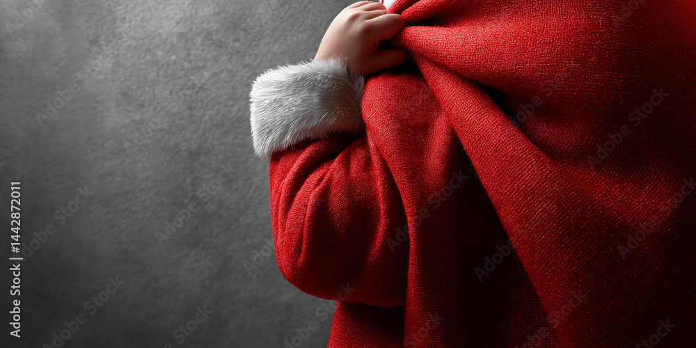 Anonyme Aufnahme einer Person in rotem Weihnachtsmannstoff vor dunklem Hintergrund, nur Stofffalten sichtbar